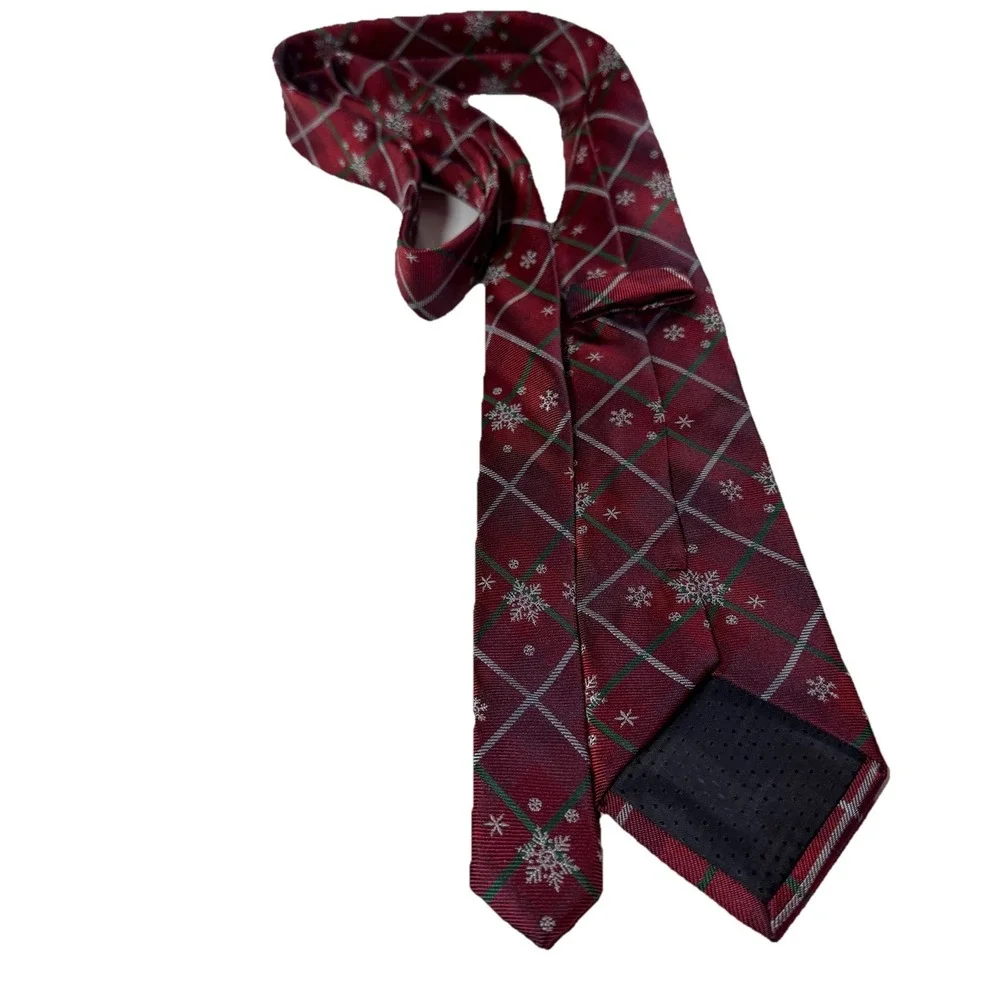 Silk Red Christmas Necktie Green White Plaid Snowflake Pattern Holiday Tie Men